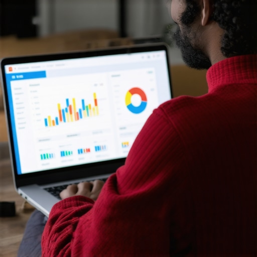 Expert optimizing Google My Business profile on laptop with analytics charts.