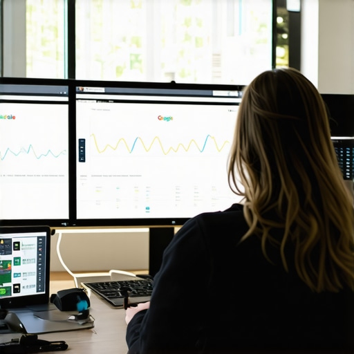 A professional analyzing local SEO data on multiple monitors