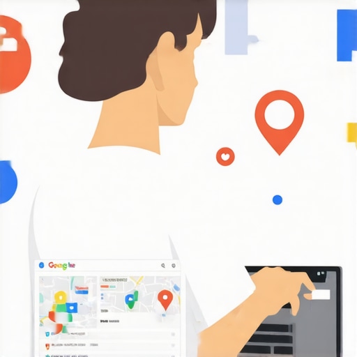Person working on GMB profile optimization on laptop with maps and SEO icons.