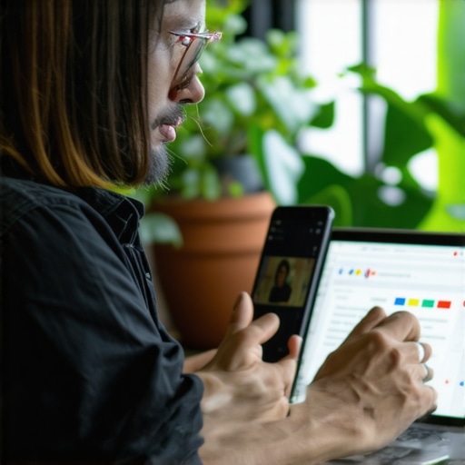 Business owner working on Google My Business profile on laptop and smartphone.
