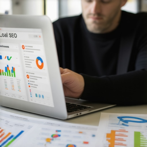 Analyzing Local SEO Strategies A person analyzing local SEO data on a laptop, focusing on maps and analytics.