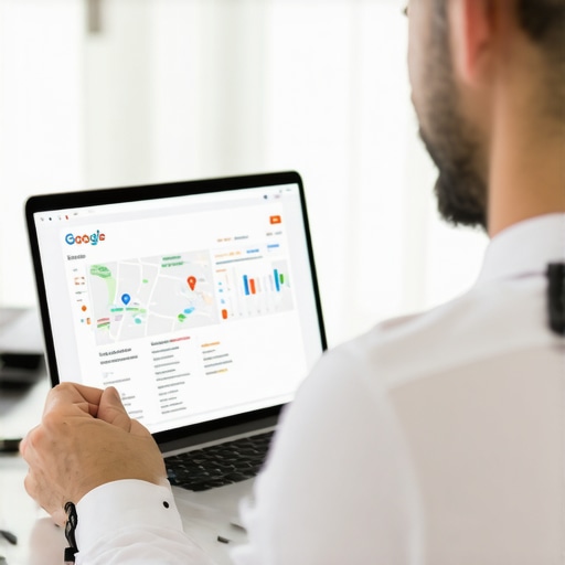 Business owner working on laptop with local maps and analytics