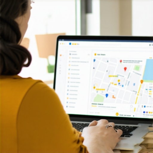 Business owner working on Google My Business profile on a laptop, enhancing local visibility