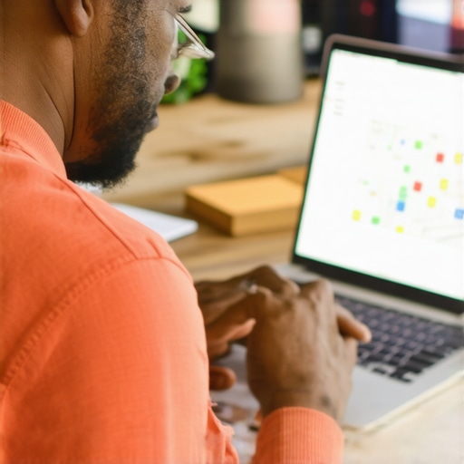 Business owner updating GMB profile on laptop with charts and maps in the background.