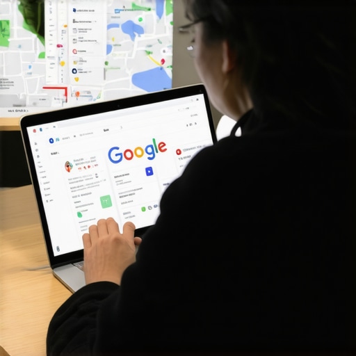 Person editing Google My Business listing on laptop with maps and analytics in the background.