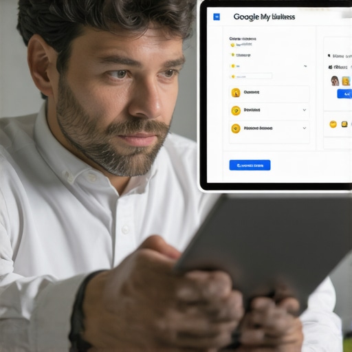 Business owner updating Google My Business profile on laptop.