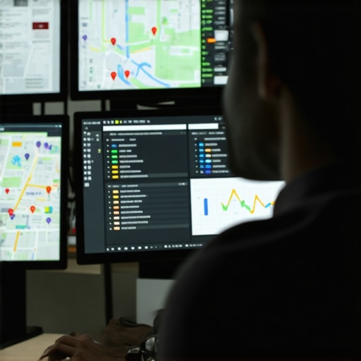 Person reviewing local SEO analytics on computer screens showing maps and graphs