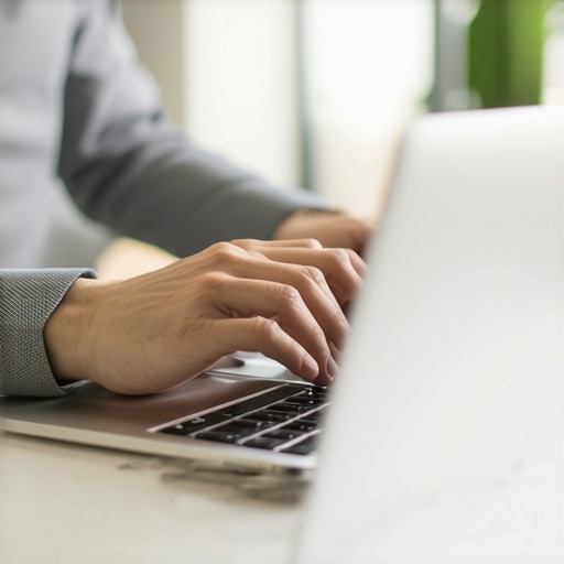 Hands of a digital marketer working on reputation and citation management tools on a laptop