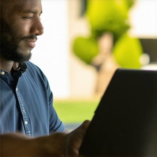 Business owner editing Google My Business listing on laptop with local neighborhood scene