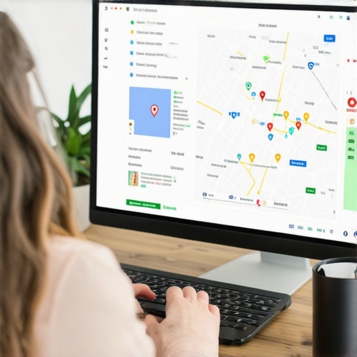 Person updating and optimizing Google My Business profile on laptop with local maps