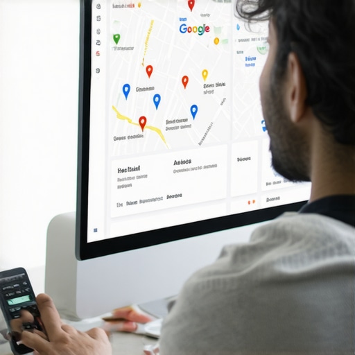 Person analyzing GMB profile on a laptop with local map and analytics