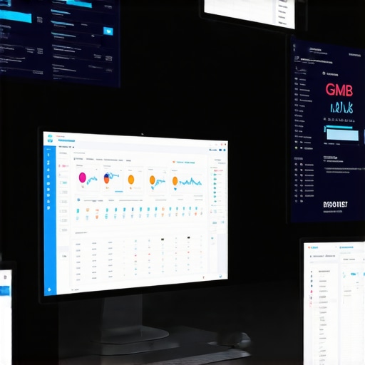 A person managing local SEO with multiple screens showing maps and analytics dashboards.