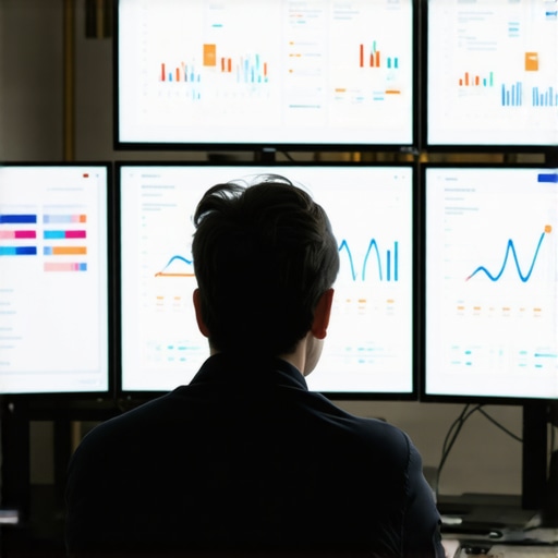 Person analyzing local SEO dashboard in a busy workspace with multiple monitors.