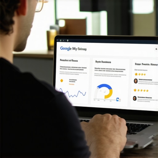 Business owner updating Google My Business profile on laptop with analytics