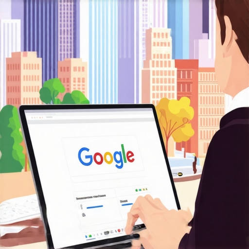 Business owner updating Google My Business profile on a laptop with local landmarks in background.