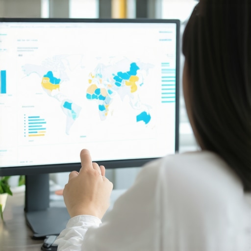 A professional reviewing local SEO analytics on a laptop, focusing on maps and data charts.