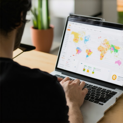 A person analyzing maps and SEO analytics on a laptop to maintain local visibility.