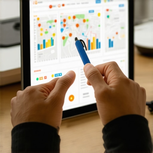 Person reviewing local SEO analytics on a tablet, focusing on maps and engagement metrics.