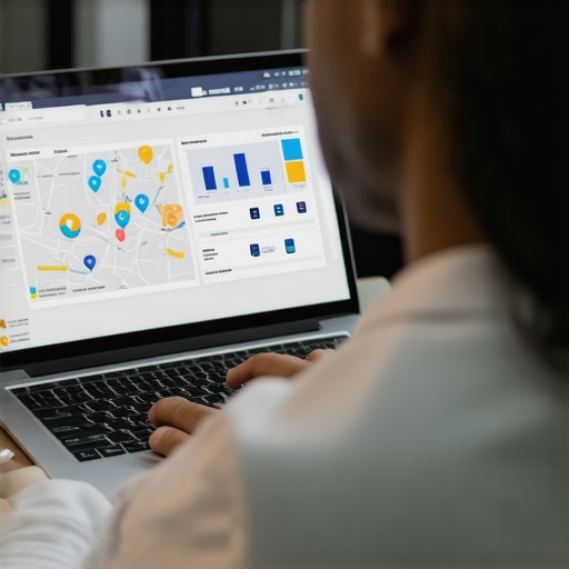Business owner reviewing GMB and map pack metrics on a laptop for local SEO improvement