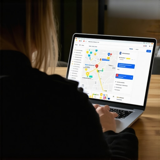 Business owner working on Google My Business profile with data charts on screen.