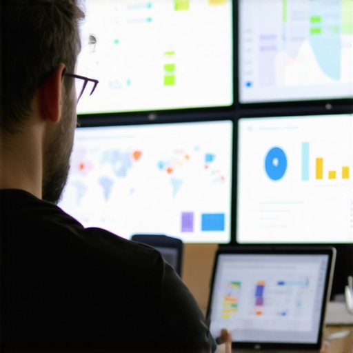 Analyst working on maps and SEO performance charts on multiple screens