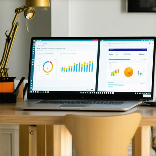 A workspace with laptop displaying local SEO analytics dashboards.